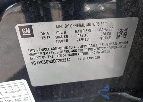 2013 Chevrolet Cruze 1Lt Auto из США, поврежденный, VIN 1G1PC5SB3D7203214